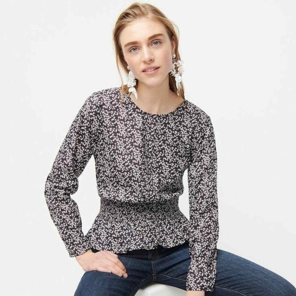 J. CREW Liberty L/S Floral Smocked Waist Blouse Top in Navy Sz S EUC W6947 - Picture 2 of 12